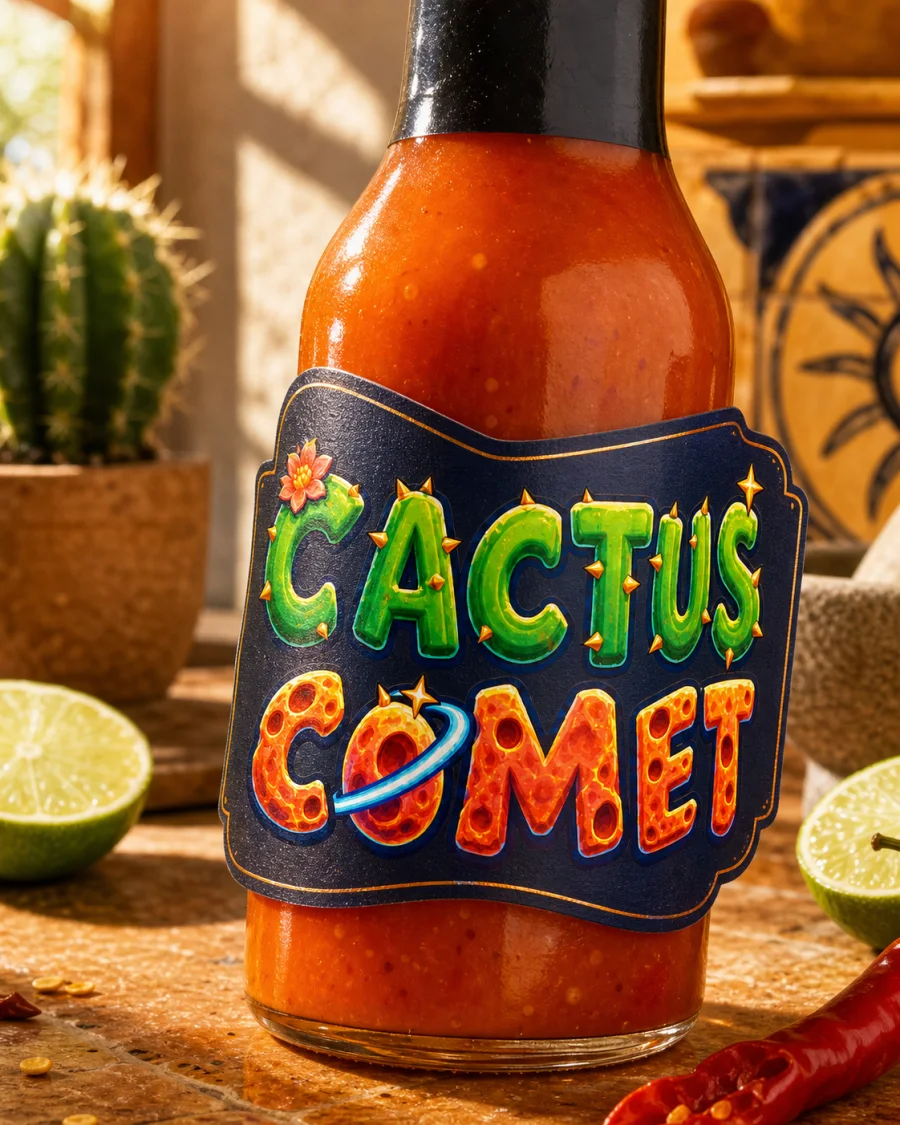 Cactus Comet printed on a hot sauce label