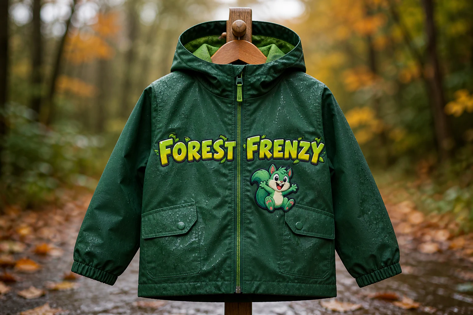 Forest Frenzy embroidered on a children's rain jacket